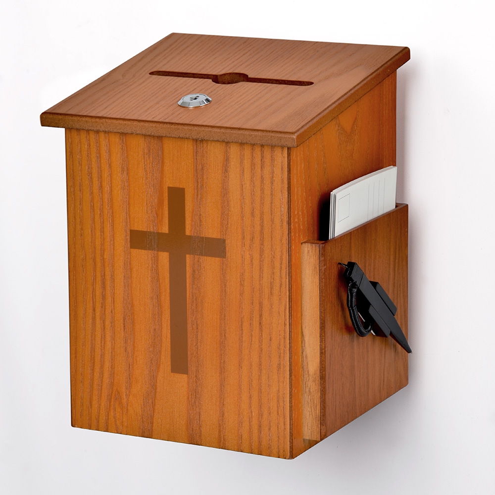 Wooden Church Donation Box Locking w/side pocket ¦ Slimline Warehouse