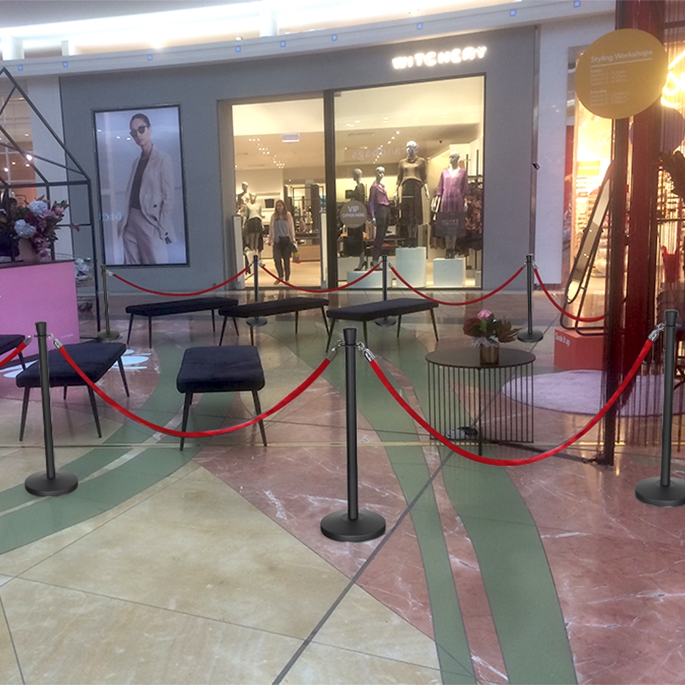 Queue Rope Barrier - 2x 1m Black Posts & 2m Red Rope - Ships Same Day